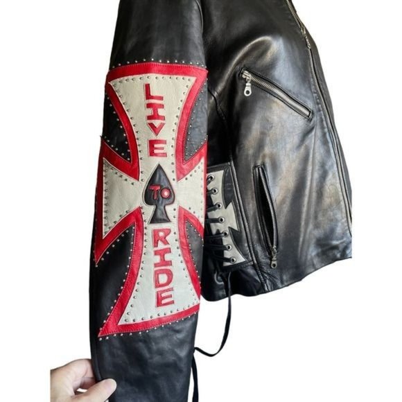 Tribe America Mens Moto Jacket Coat Leather Iron Cross Black Sz 48 Live To Ride - Picture 7 of 13